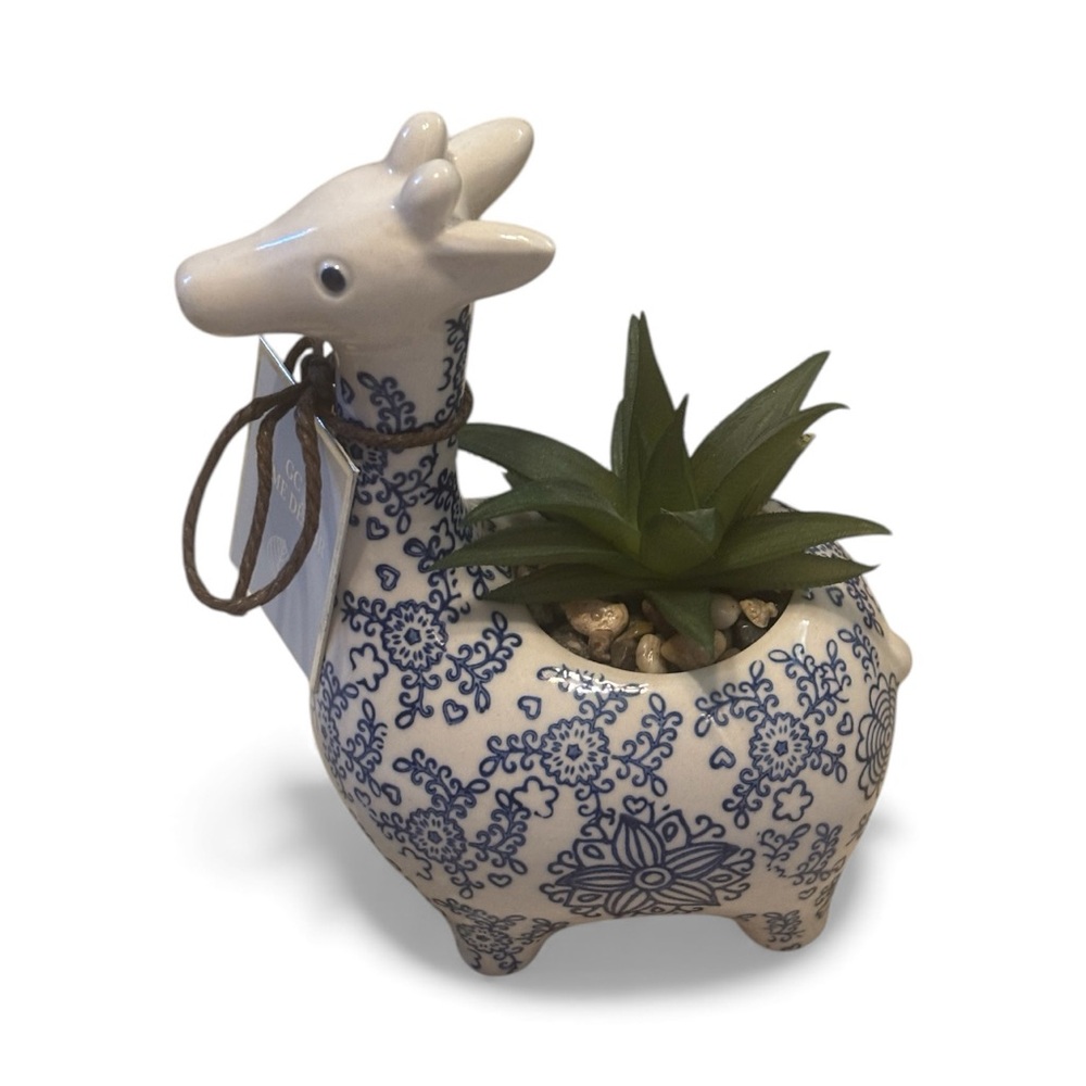 Blue and White Ceramic Giraffe Planter with faux succulent. NWT - Picture 2 of 5